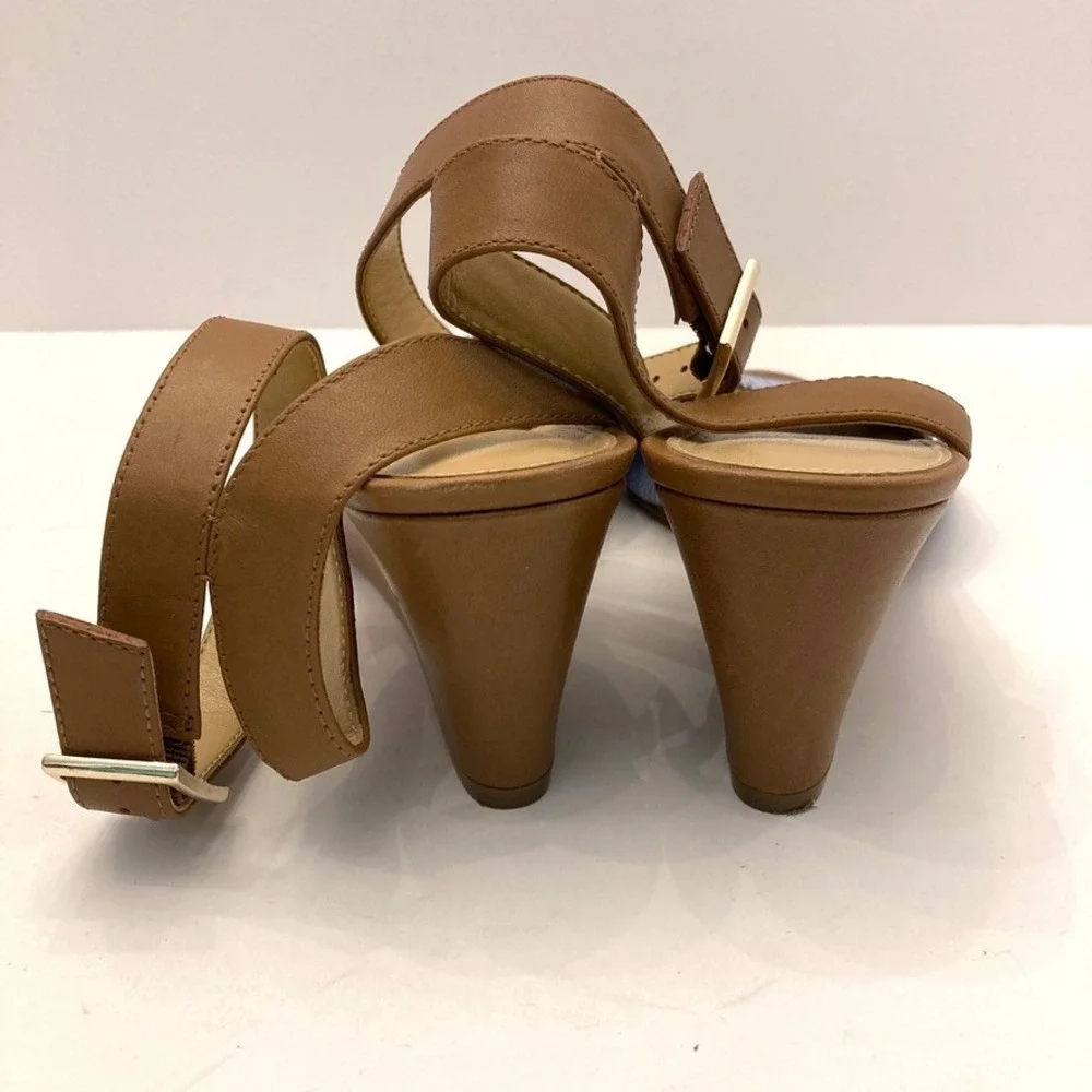 Talbots Vivian Blue Striped Sandal Tan Leather Ankle Strap Womens 8.5 Wedge Heel